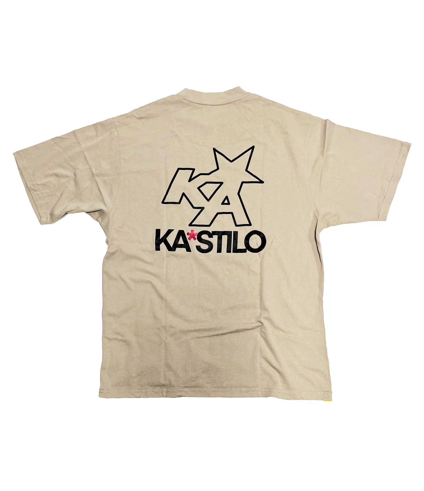 A trendy sand-colored streetwear t-shirt, rear view, perfect for fashion-forward hip-hop enthusiasts.