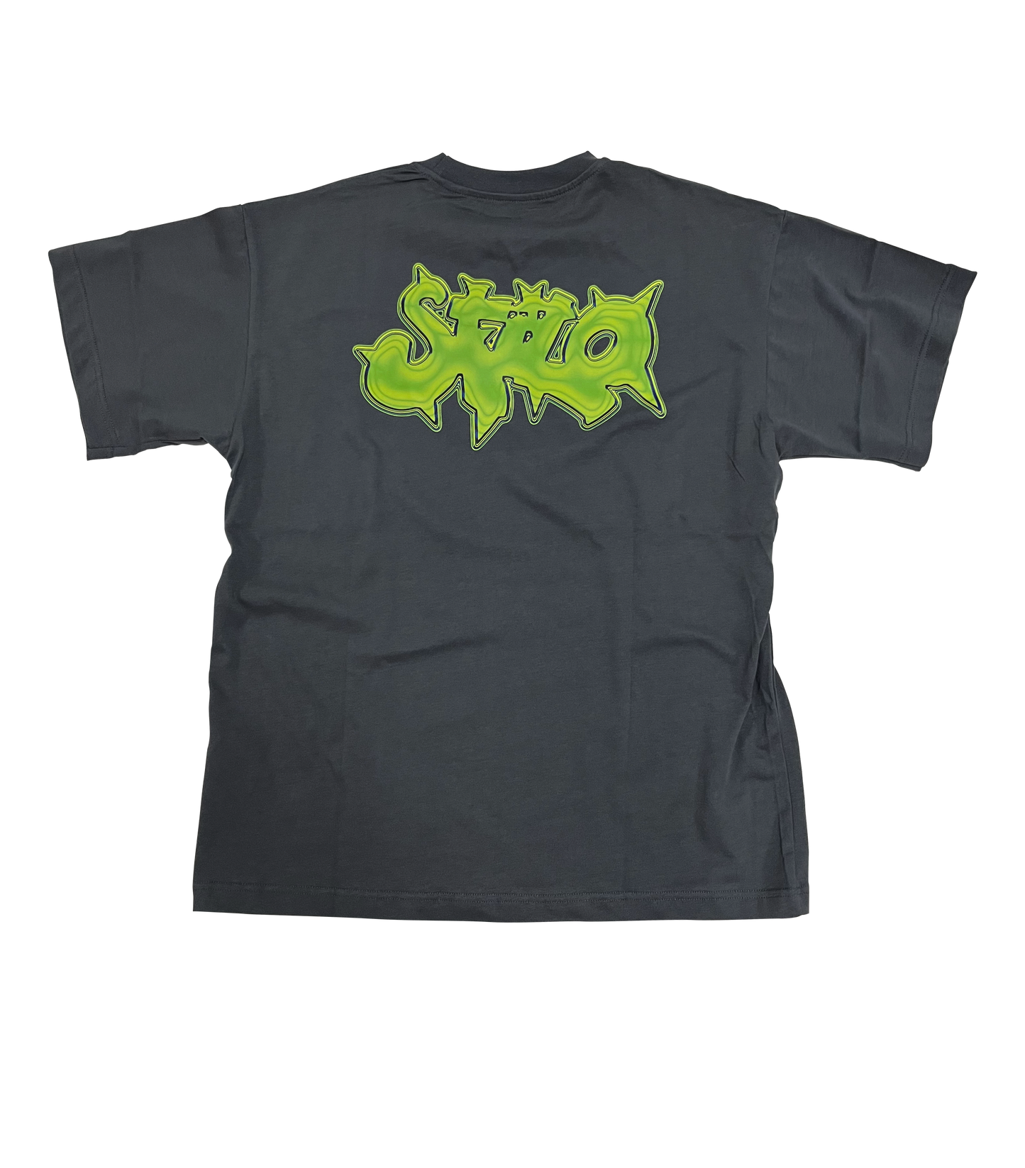 rear view of a grey t-shirt with a green logo, only for streetwear lovers