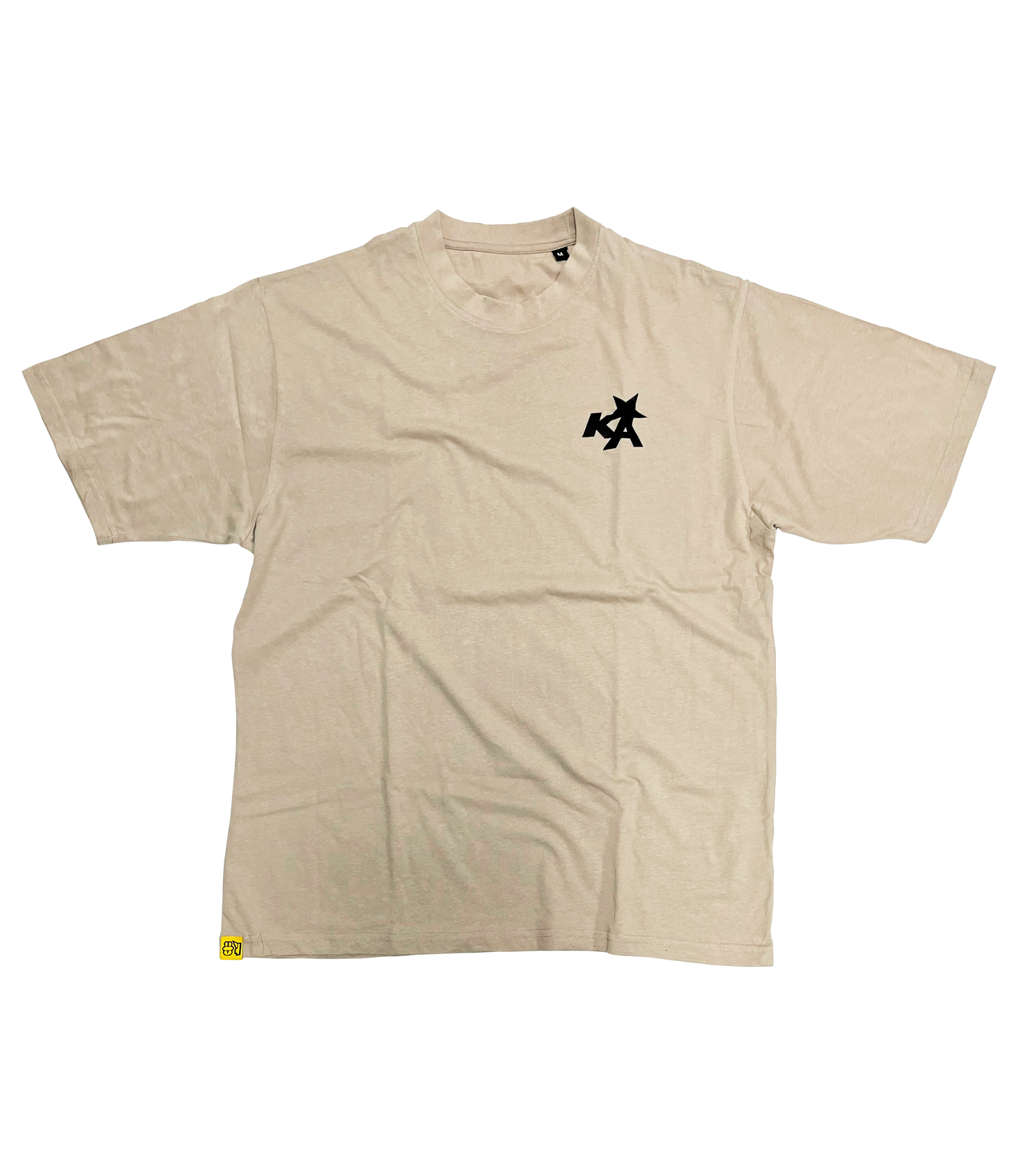 A trendy sand-colored streetwear t-shirt, front view, perfect for fashion-forward hip-hop enthusiasts.