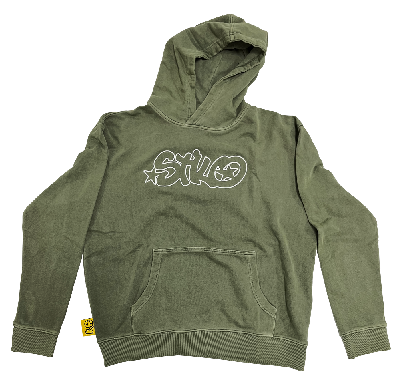 front view of a green hoodie, streetwear at it finest. inspired on hip hop clothing