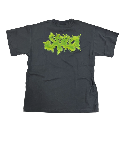 rear view of a grey t-shirt with a green logo, only for streetwear lovers